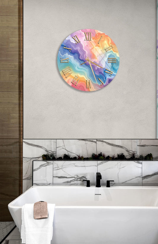 Tempered Glass Wall Clock – Rainbow Design Colorful Abstract Decorative Clock