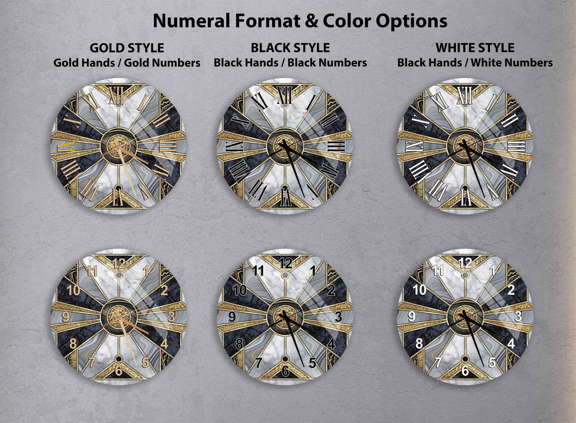 six clock faces with different styles and color options, including gold hands and numbers, black hands and numbers, and white hands and numbers.