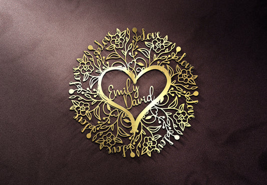 Personalized Metal Wedding Gift – Floral Heart Art | Custom Name Plaque Decor