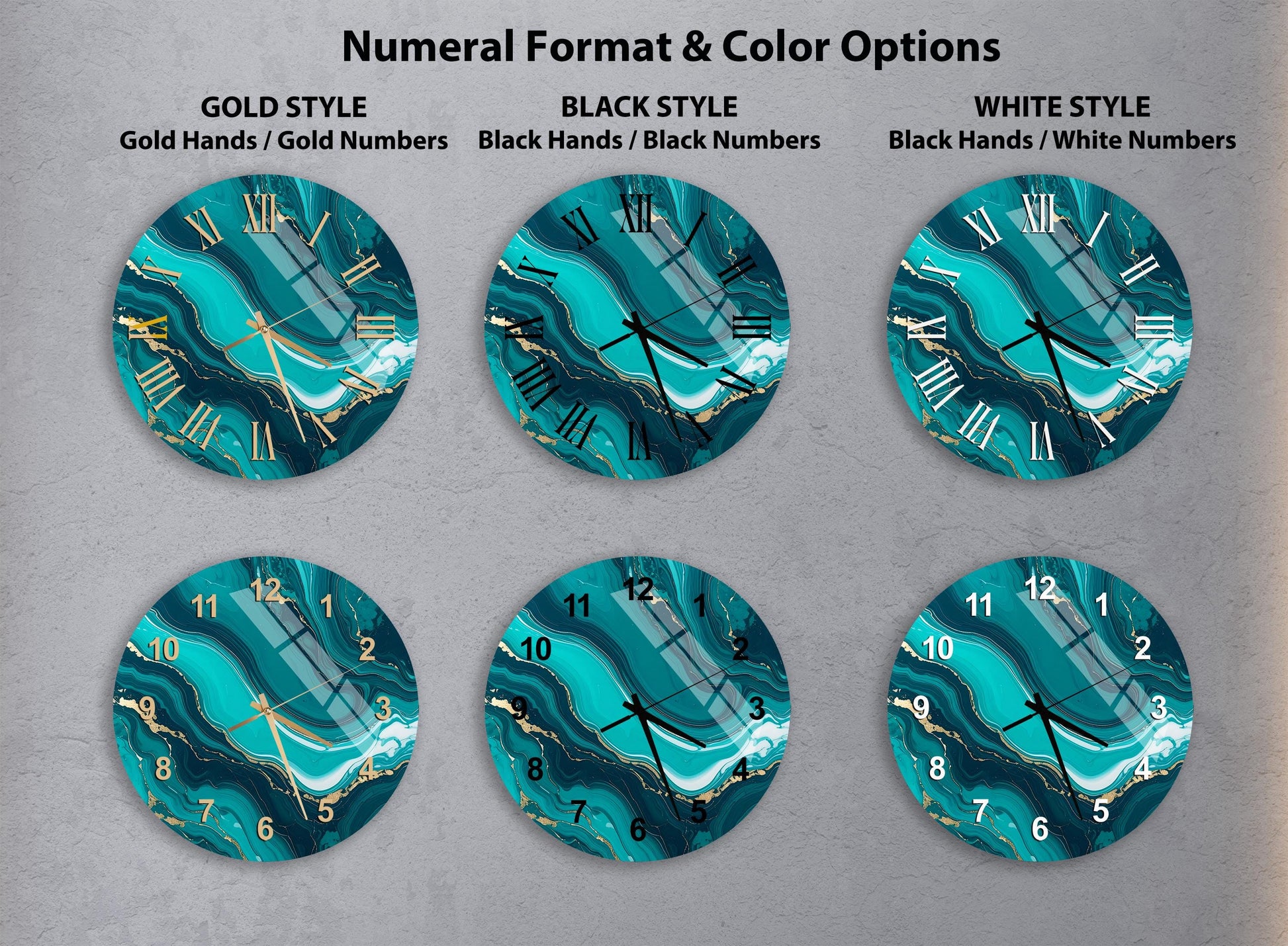 a collection of six clock faces with different styles and color options, including gold hands, black hands, black numbers, and white numbers.