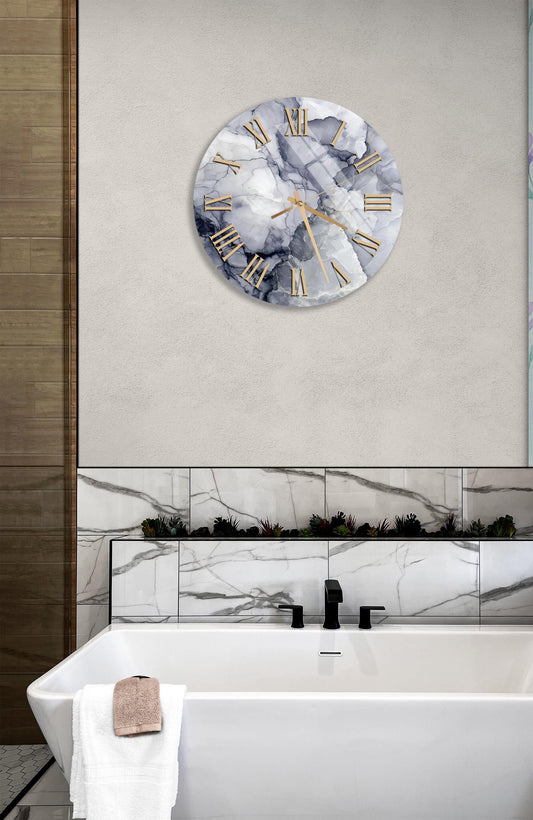 Marble Wall Clock - Tempered Glass Silent Clock | Gray White Modern Decor