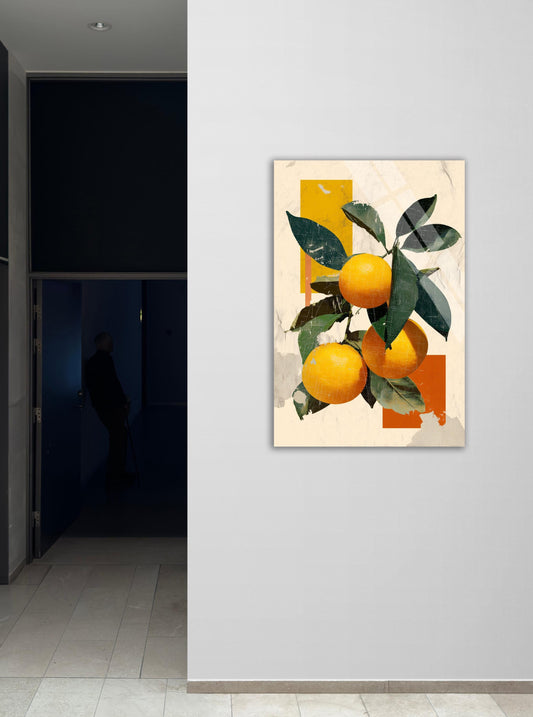 Botanical Wall Art – Vintage Citrus Print on Tempered Glass | Large Glossy Mural
