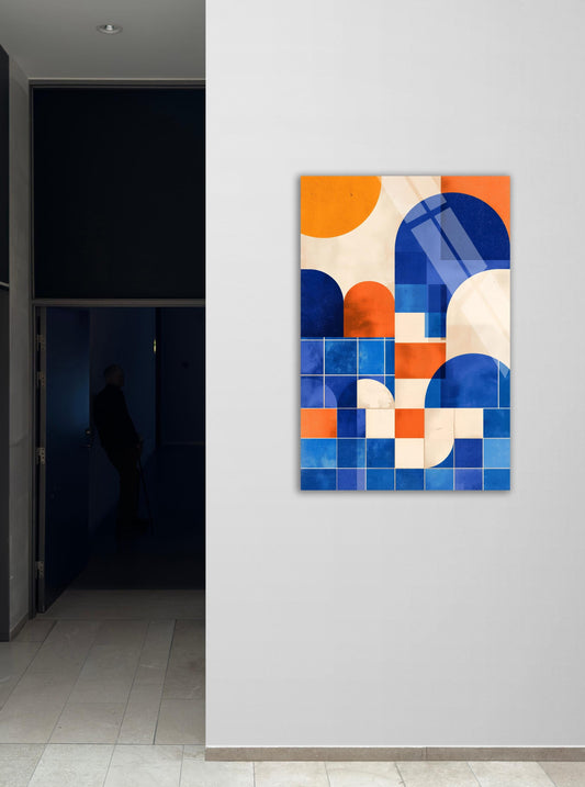 Tempered Glass Wall Art - Geometric Blue Orange Modern Mid Century Decor Panel