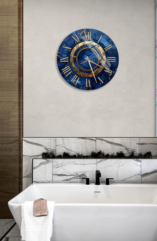 Tempered Glass Wall Clock - Blue & Gold Round Clock | Modern Elegant Decor
