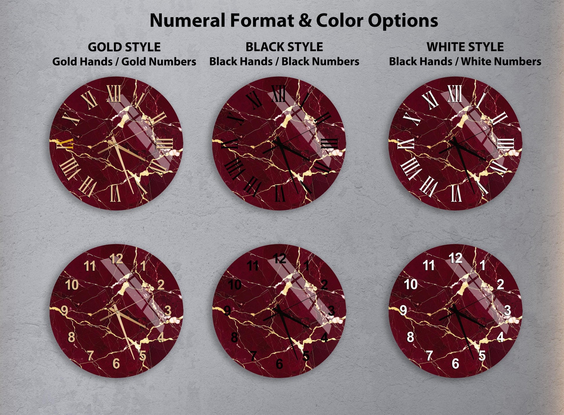a collection of six clock faces with different styles and color options, including gold, black, white, and maroon.