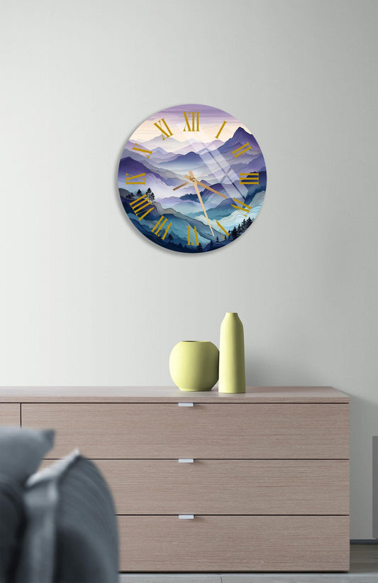 Modern Glass Wall Clock – Blue Purple Mountain, Tempered Glass, Stylish Decor