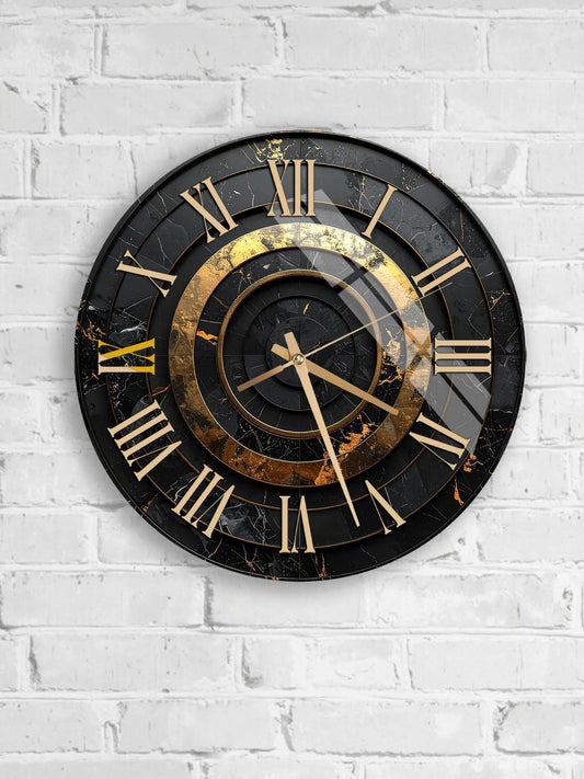A black and gold wall clock with Roman numerals is mounted on a white brick wall.