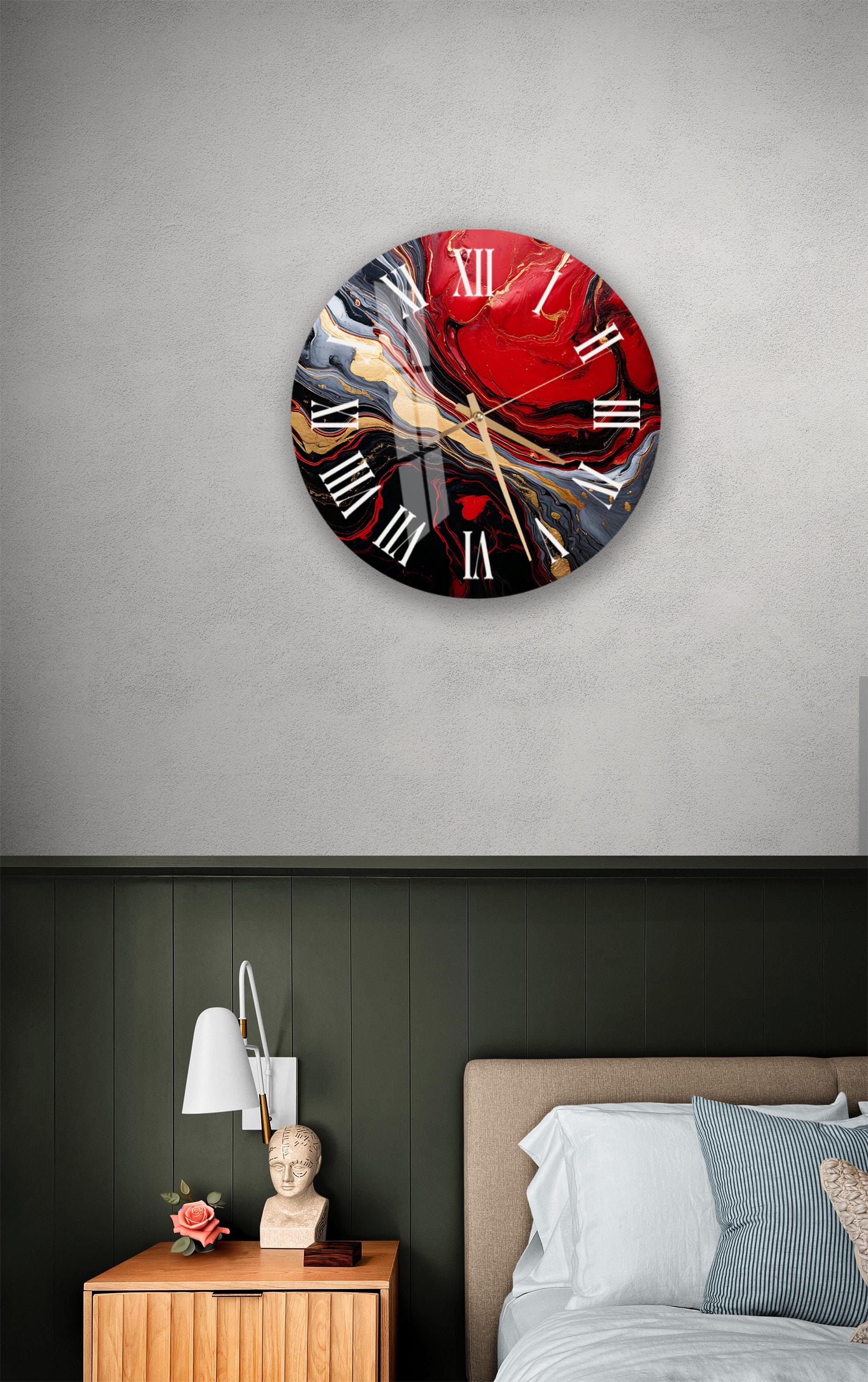 a bedroom with a bed and a clock on the wall