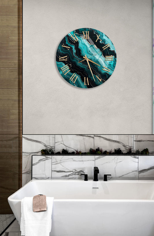 Tempered Glass Wall Clock - Turquoise Gold Abstract Art | Large Modern Decor