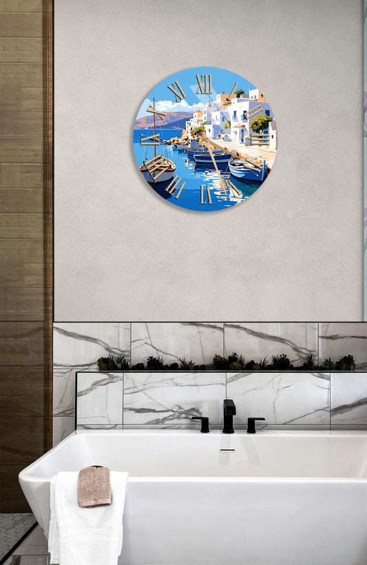 Tempered Glass Wall Clock – Blue Coastal Boat Art, Modern Nautical Decor