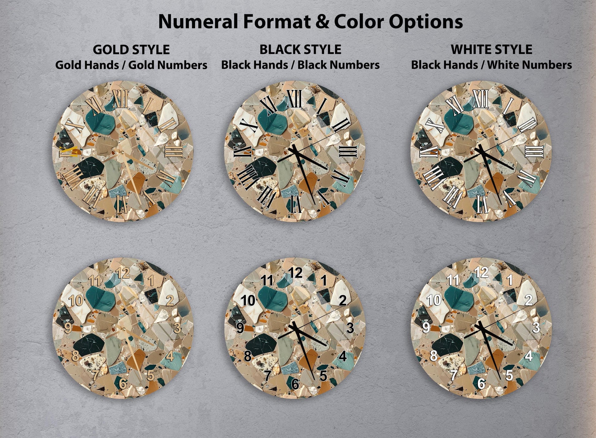 six different clock faces with various styles and color options, including gold, black, white, and black and white.