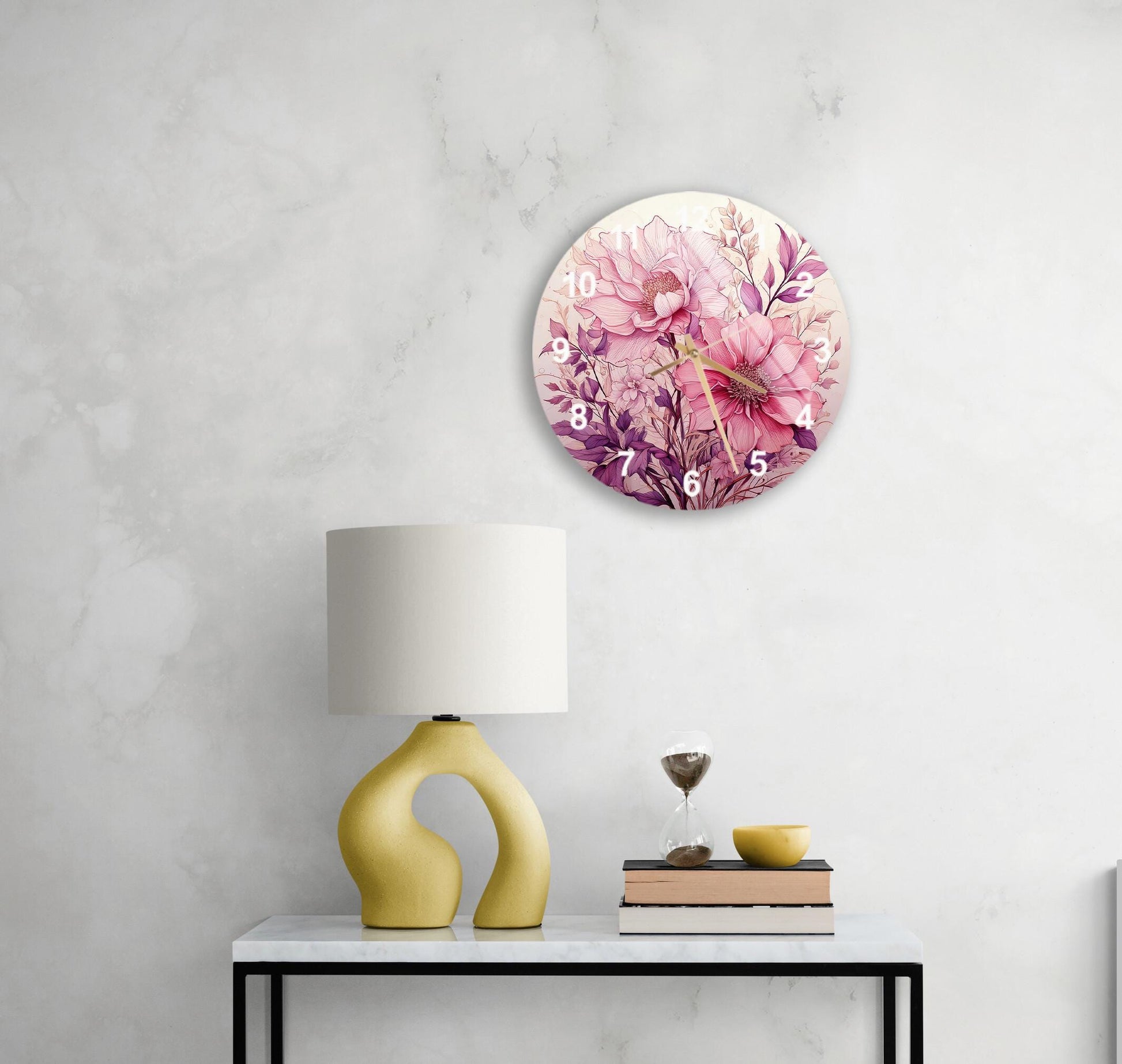 a table with a lamp and a clock on it