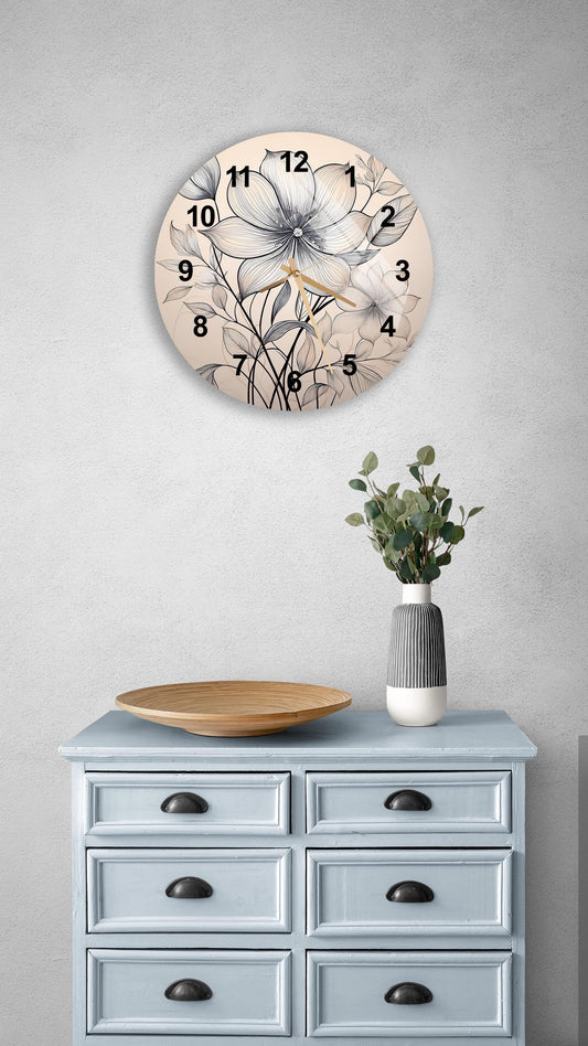 Floral Glass Wall Clock - Tempered Glass, Minimalist Flower Design, Beige Decor