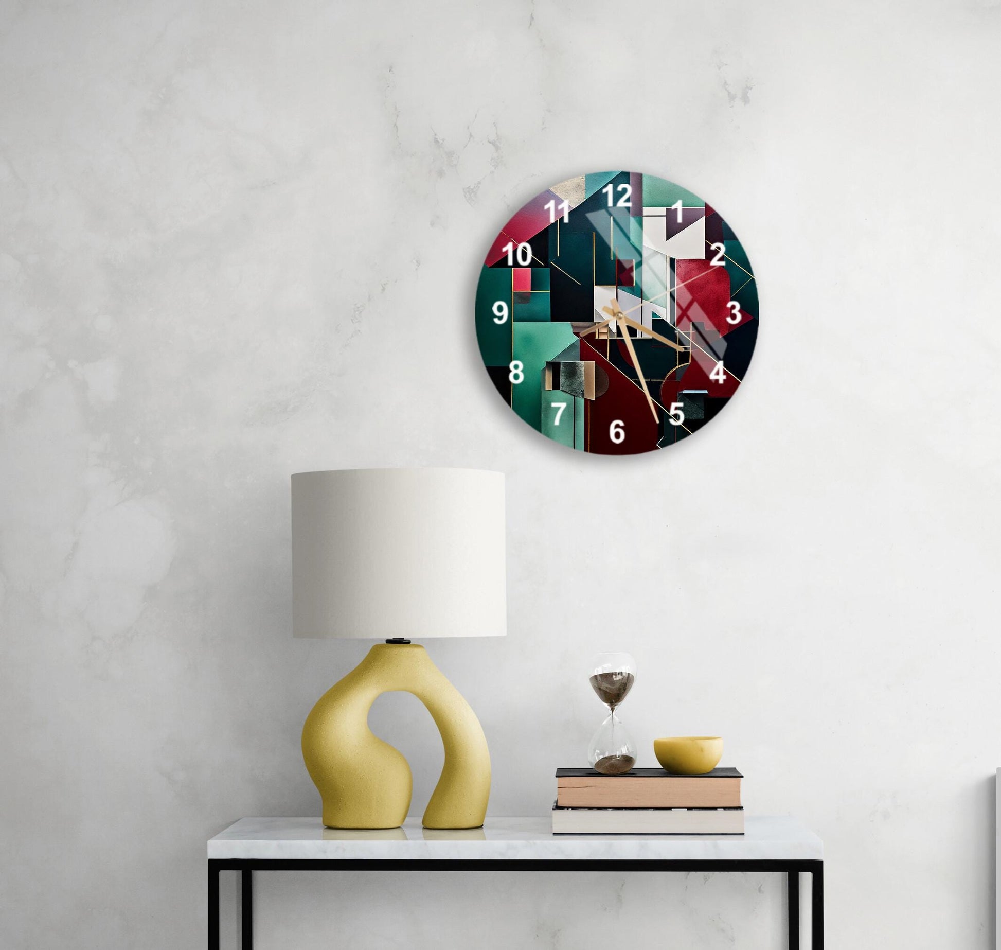 a table with a lamp and a clock on it