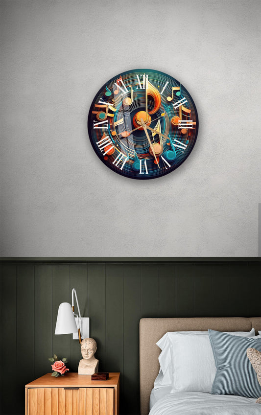 Tempered Glass Wall Clock – Colorful Music Notes Abstract Modern Decor Gift