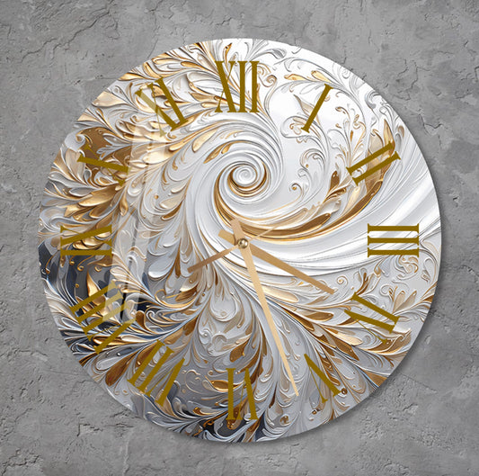 a clock with gold and white designs on it