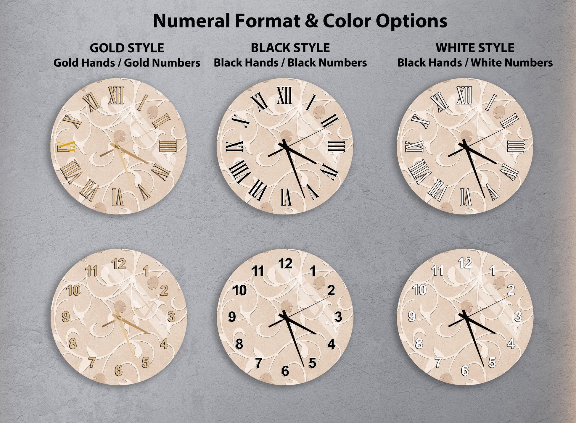 a collection of six clock faces with different styles and color options, arranged in a grid format.