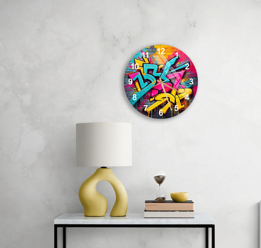 Glass Wall Clock – Modern Tempered Glass Clock With Colorful Graffiti Art Decor