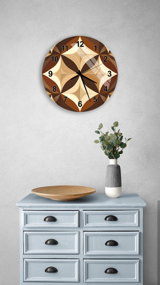 a wall clock with a geometric design, a wooden tray, a vase with greenery, and a light blue dresser with six drawers.