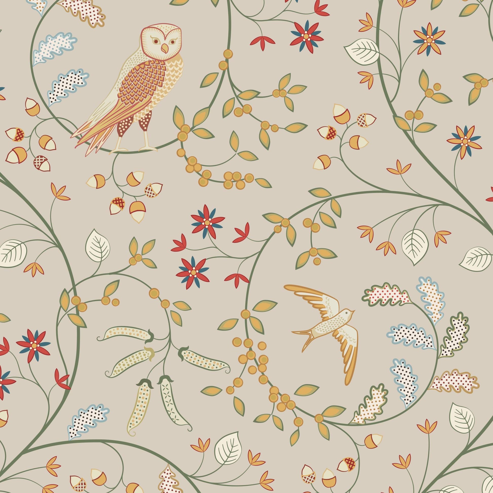 The image is a repeating pattern of various floral and bird motifs, including leaves, flowers, and birds, arranged in a decorative and ornamental manner.