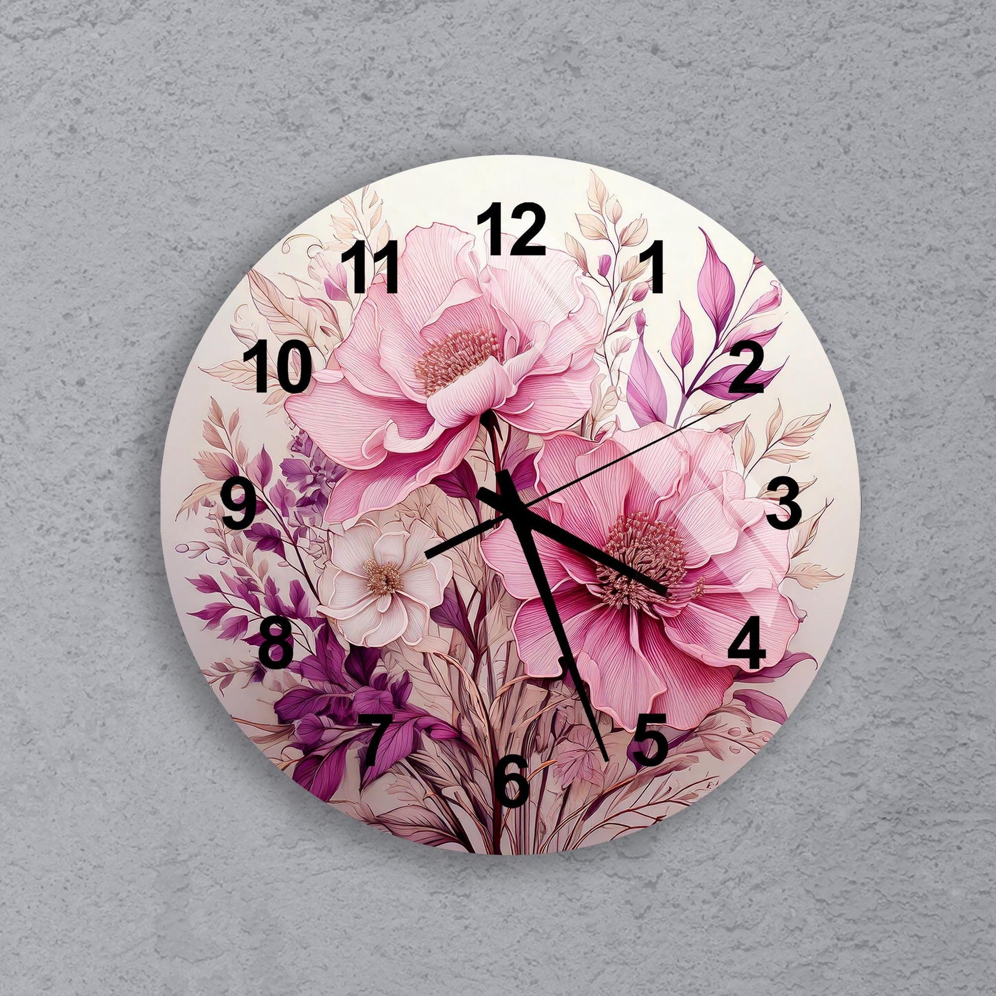 a white clock with pink flowers painted on it