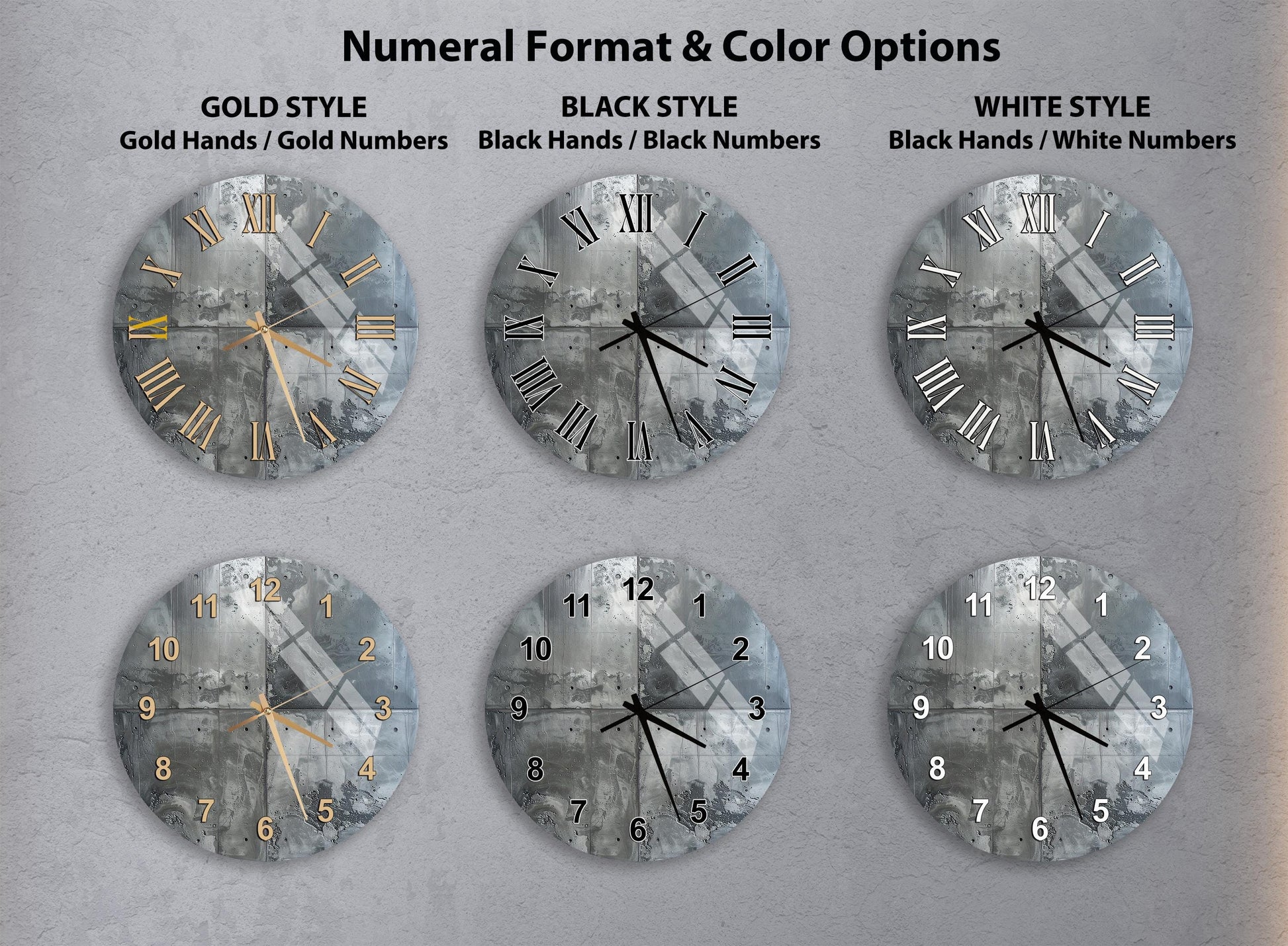 a collection of six wall clocks with different styles and color options, arranged in a grid format.