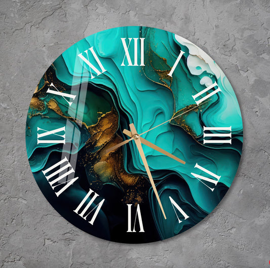 Tempered Glass Wall Clock – Emerald Gold Abstract Timepiece | Modern Decor Gift