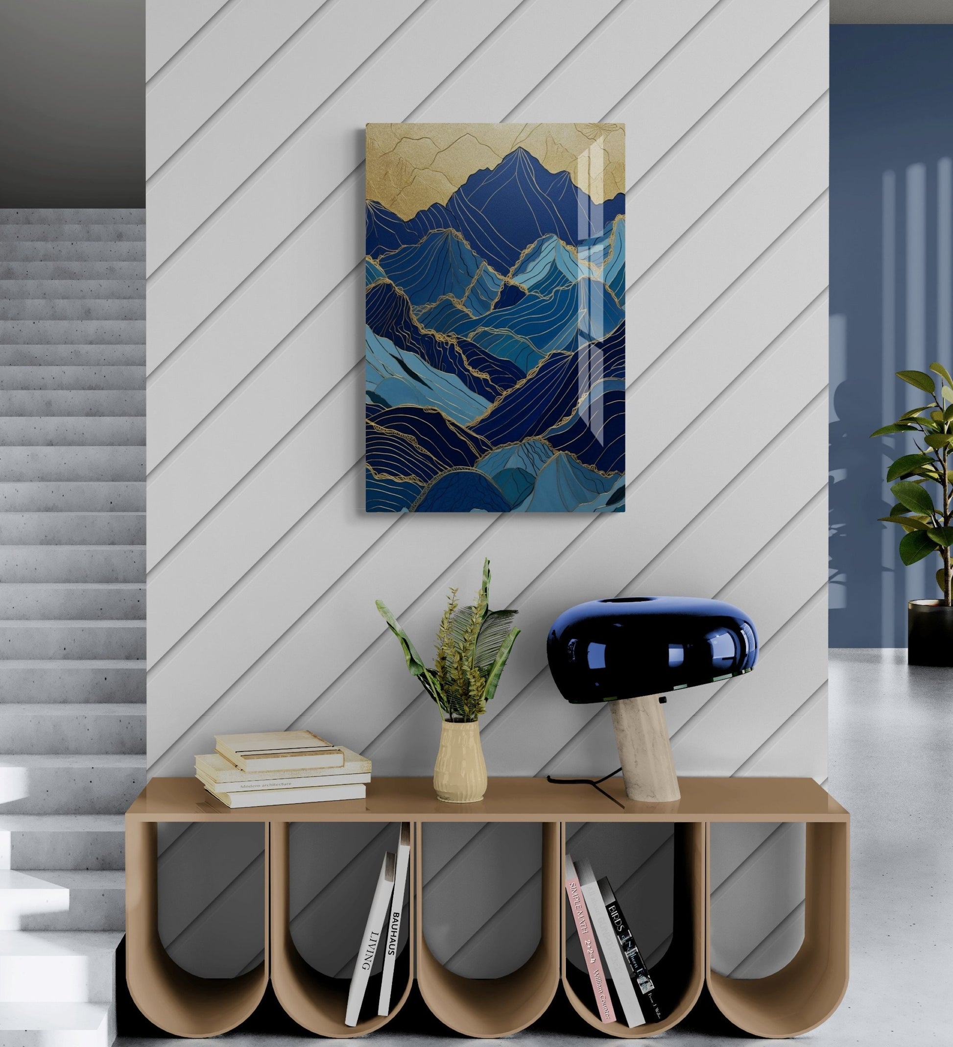 a painting on a wall next to a shelf with books