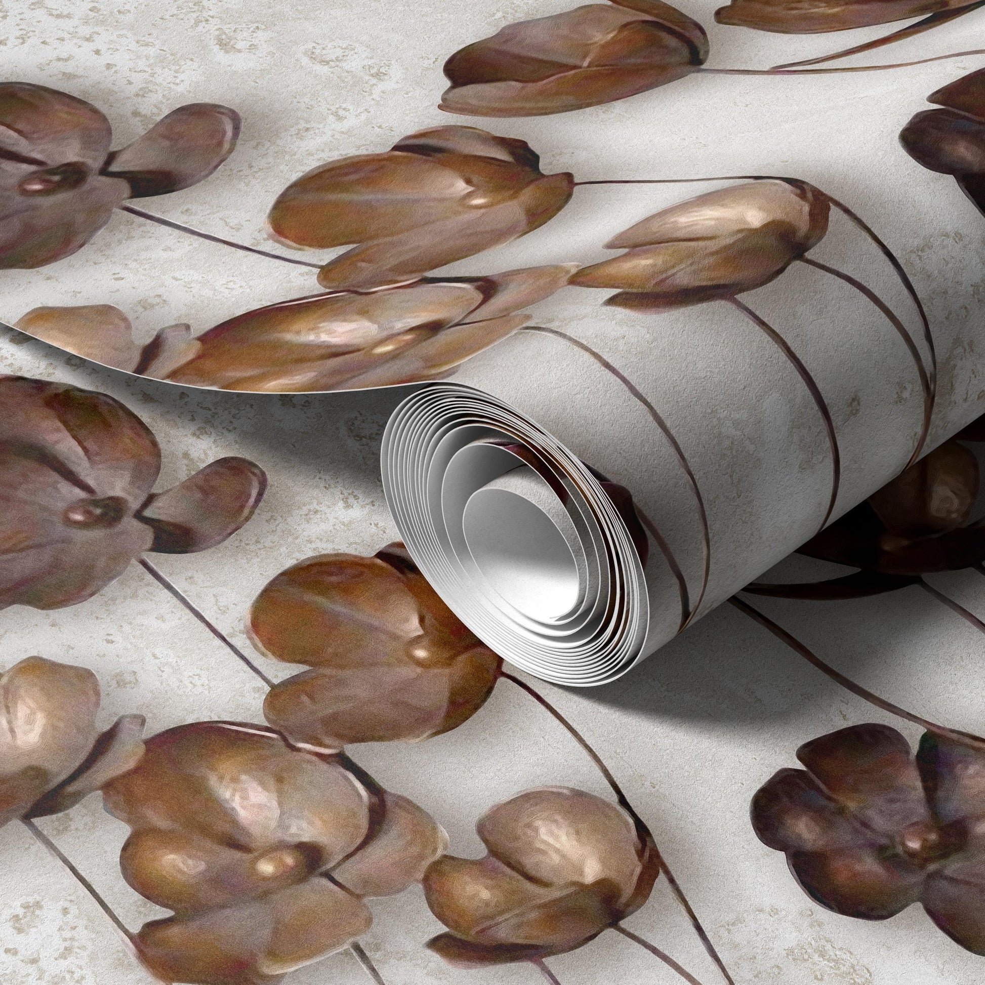 a roll of wallpaper with a repeating pattern of brown flowers on a white background.