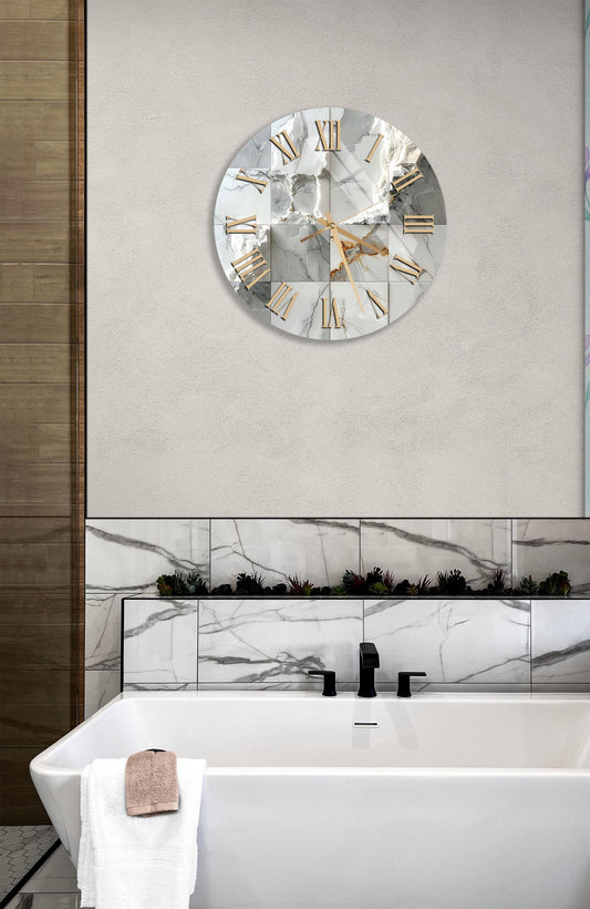 Tempered Glass Wall Clock – Grey Marble Stone Design | Modern Decorative Art