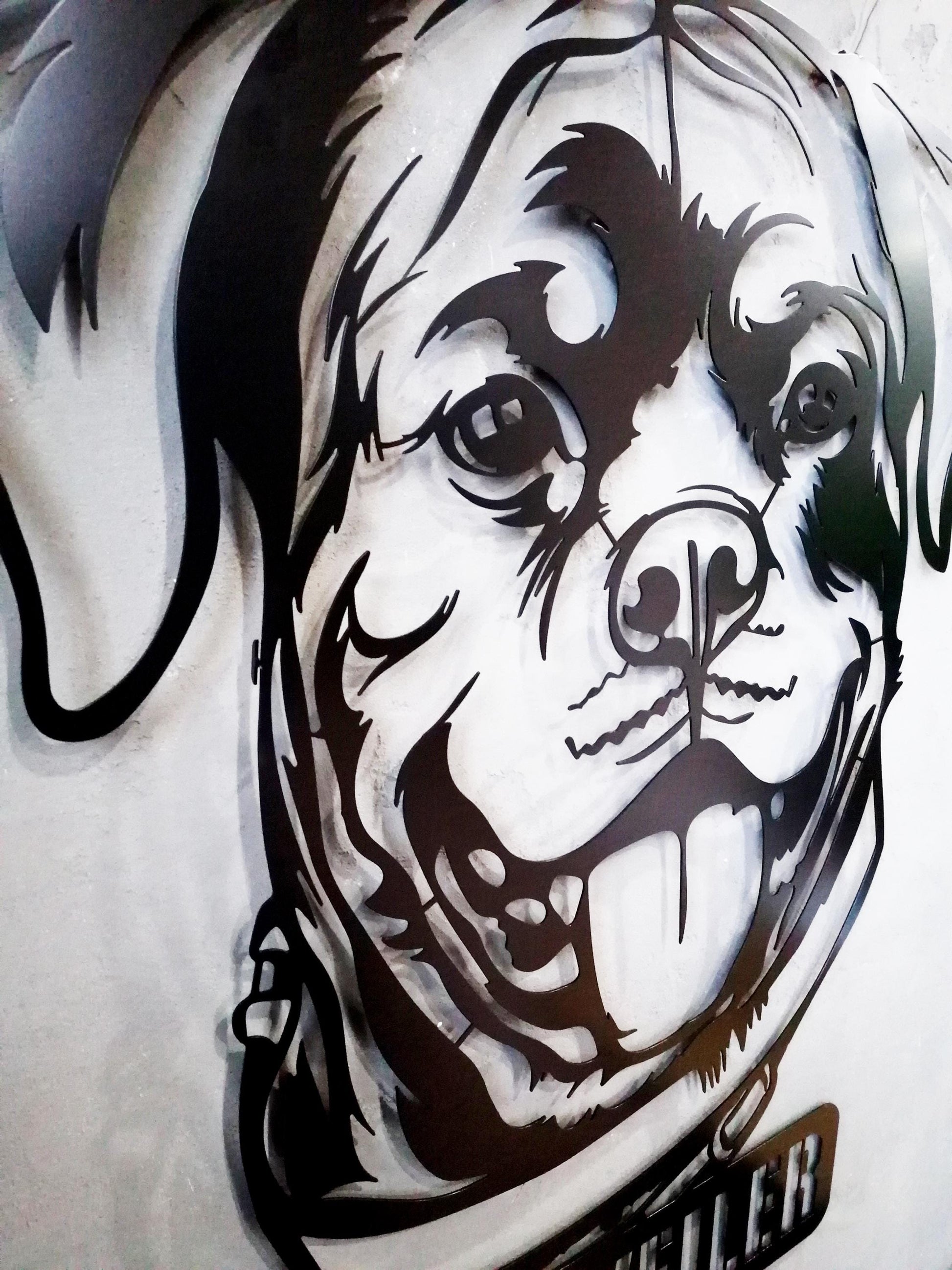a close up of a dog's face on a wall