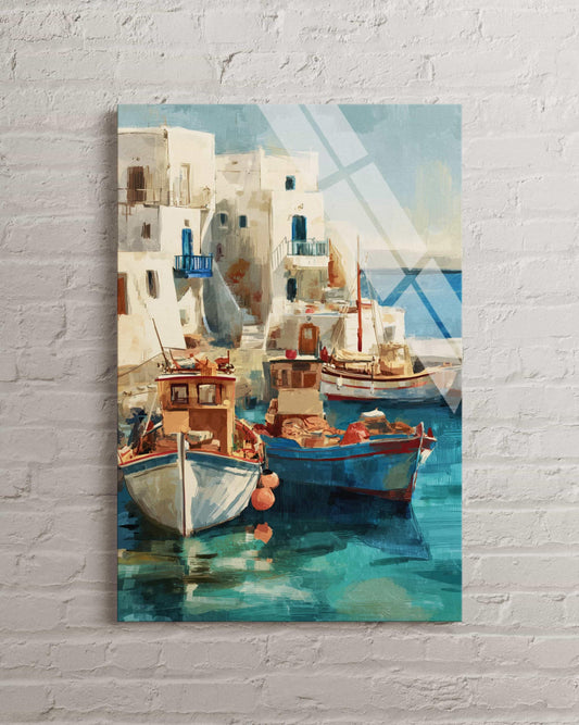 Nautical Tempered Glass Art - Mediterranean Coastal Wall Decor with Fishing Boats