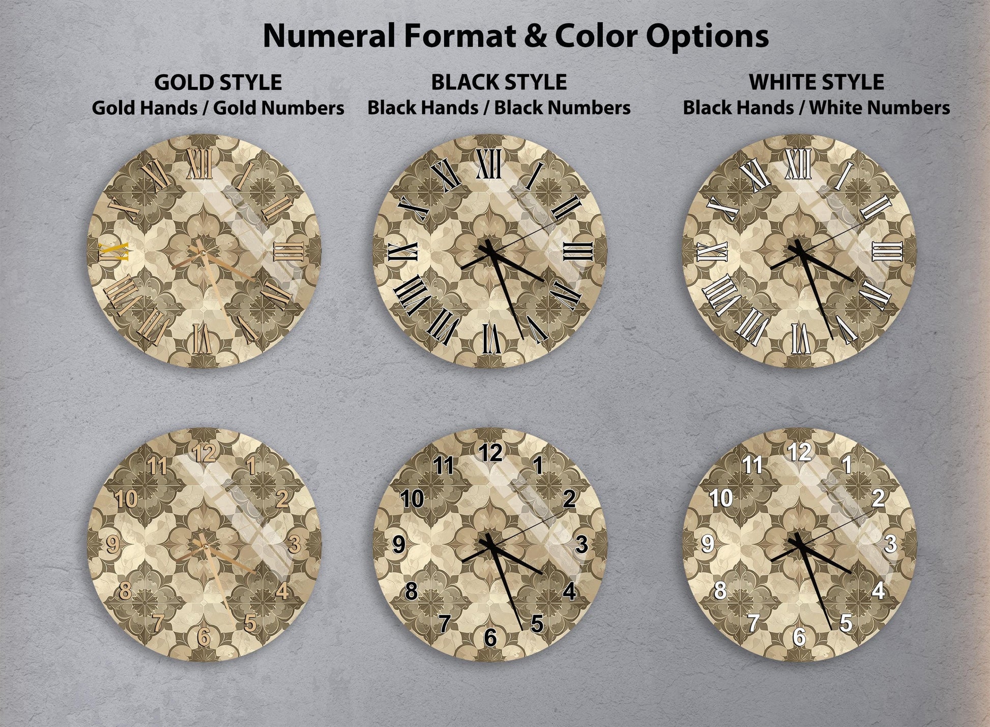 a collection of six clock faces with different styles and color options, arranged in a grid format.