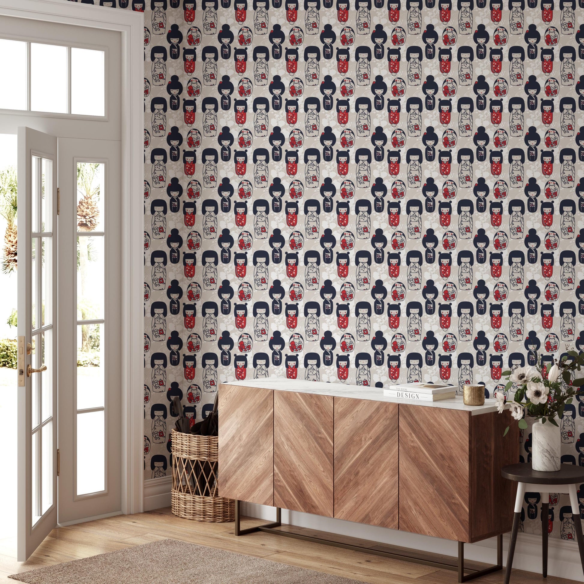 a room with a wooden cabinet, a wicker basket, and a vase of flowers. The walls are covered in a repeating pattern of Japanese-style kimonos, creating a visually striking and unique design.