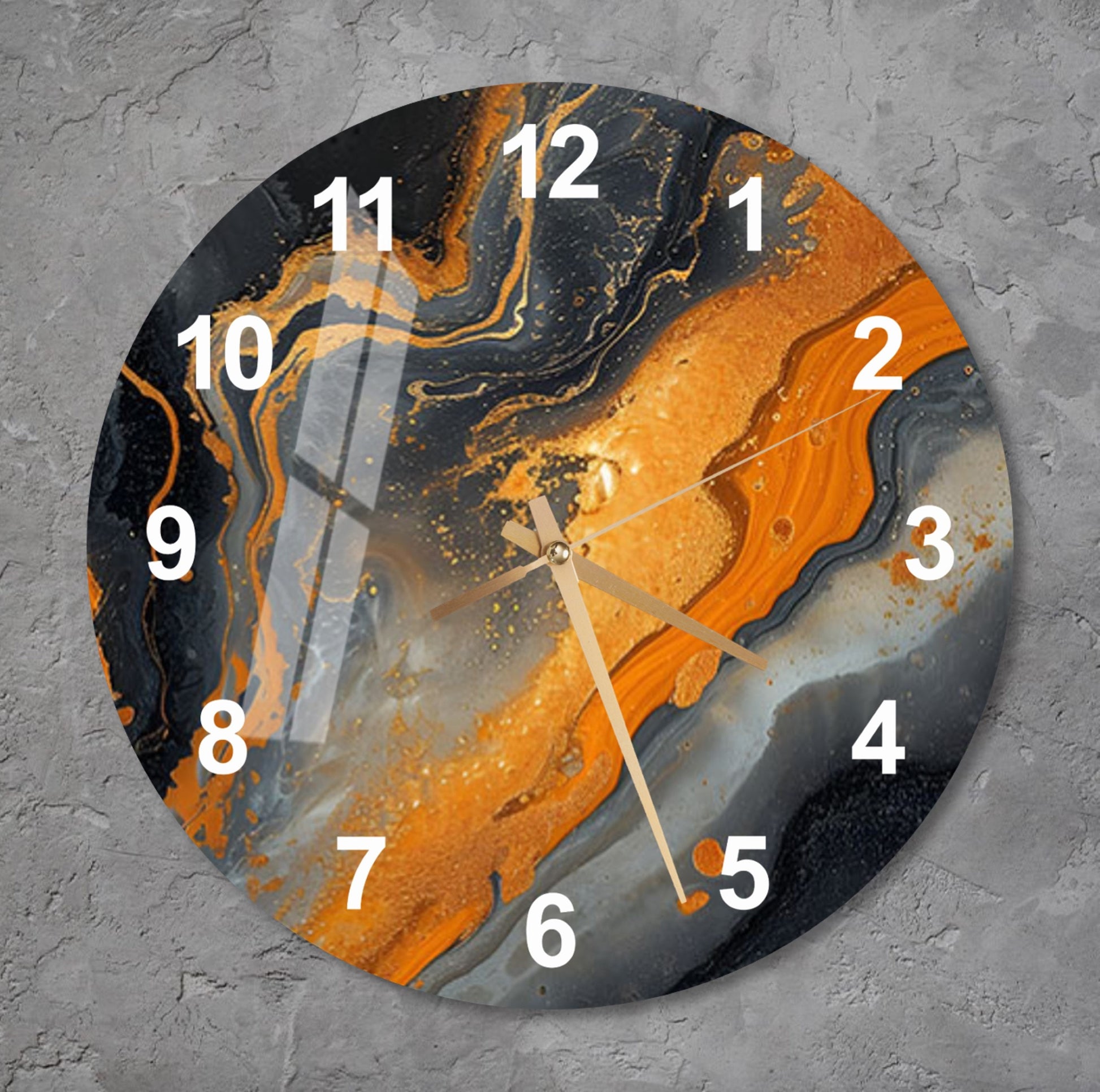 a clock with an orange and black design on it