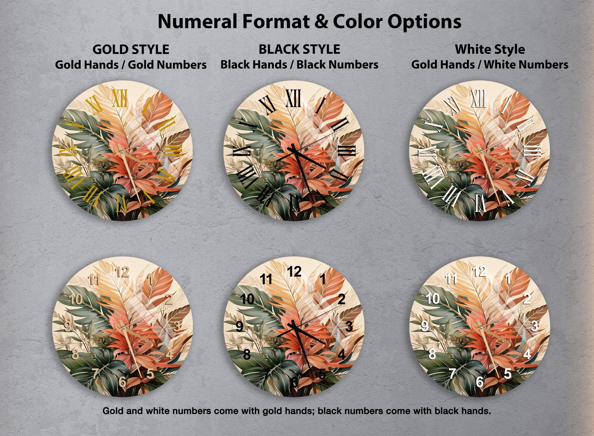 a set of four floral wall clocks on a wall