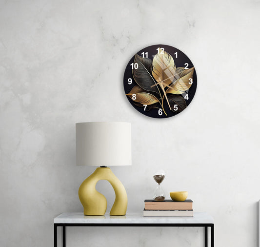 Tempered Glass Wall Clock - Black Gold Floral Design | Silent, Scratch Resistant