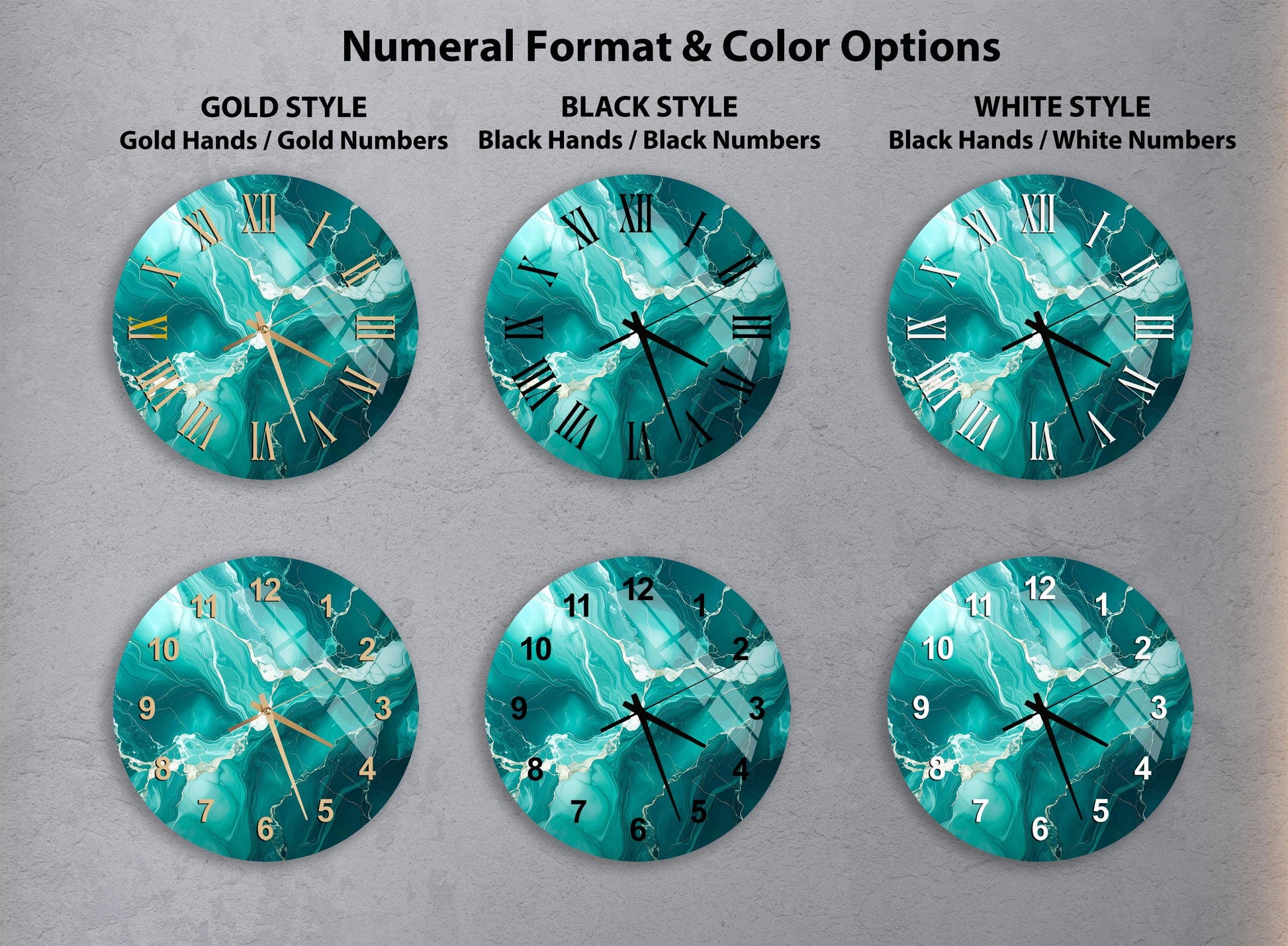 a collection of six clock faces with different styles and color options, including gold hands, black hands, black numbers, and white numbers.