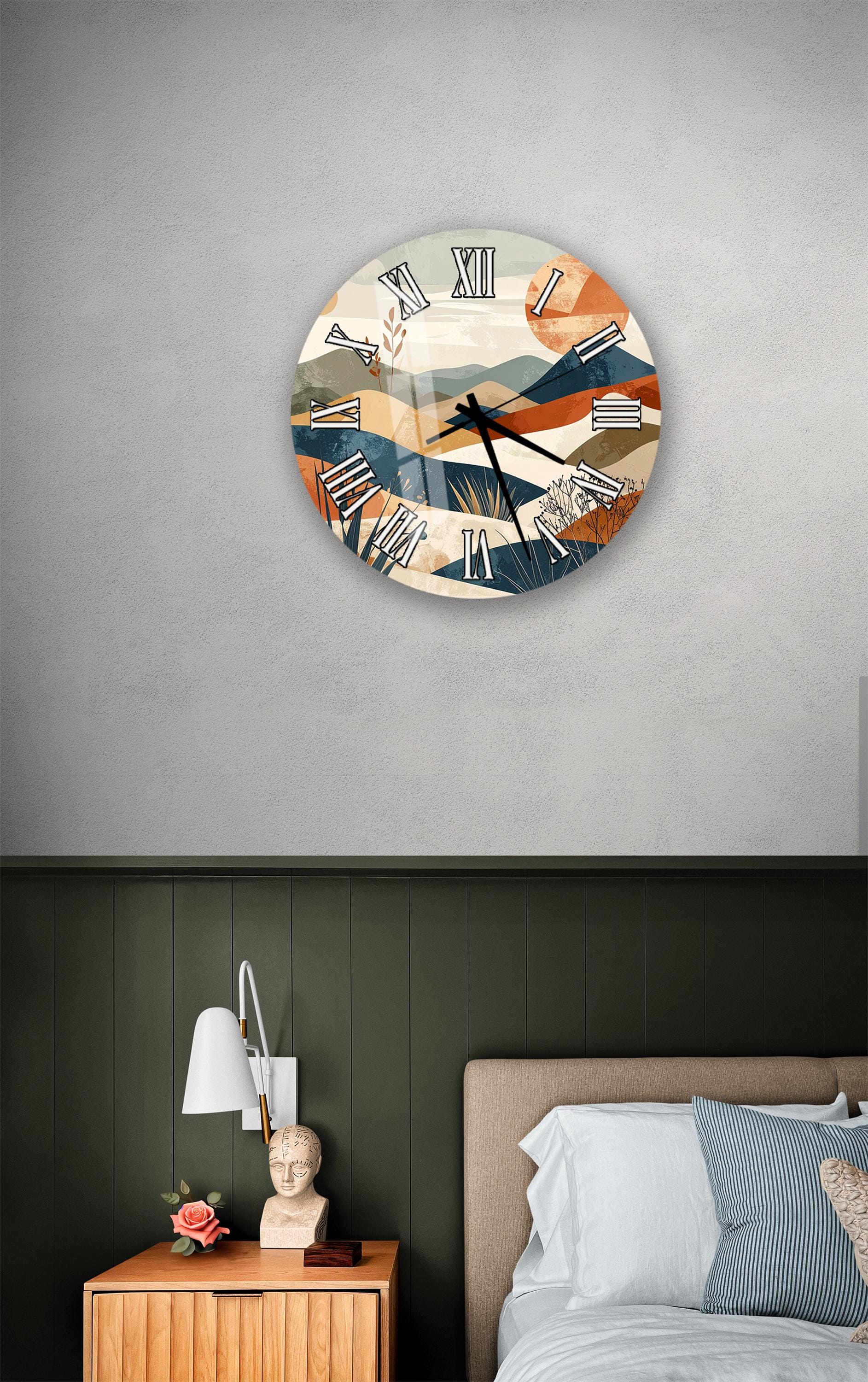 a bedroom setting with a wall clock, a nightstand, and a bed.
