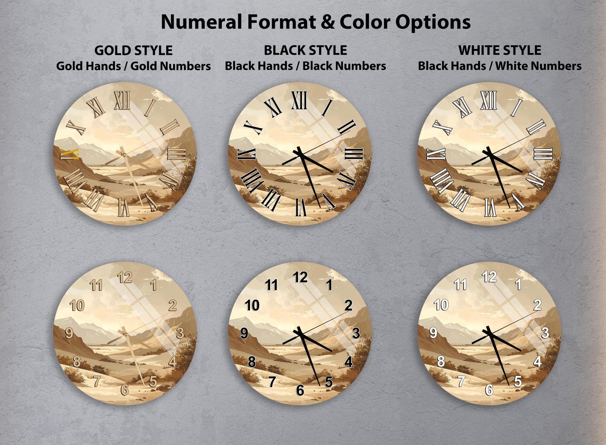 a collection of six clock faces with different styles and color options, including gold hands, black hands, black numbers, and white numbers.