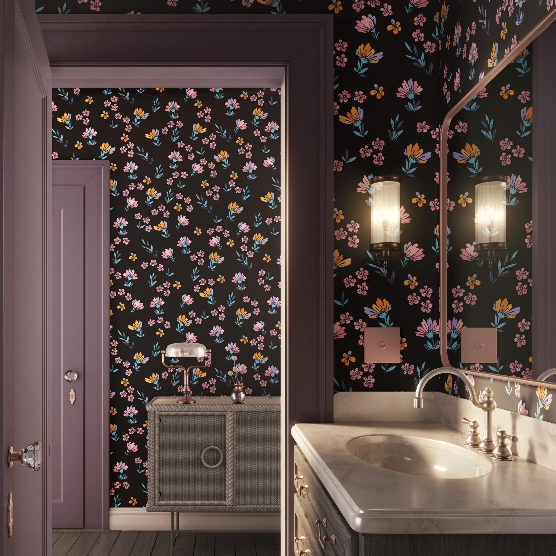 a bathroom with a floral patterned wall, a vanity with a sink, and a mirror.