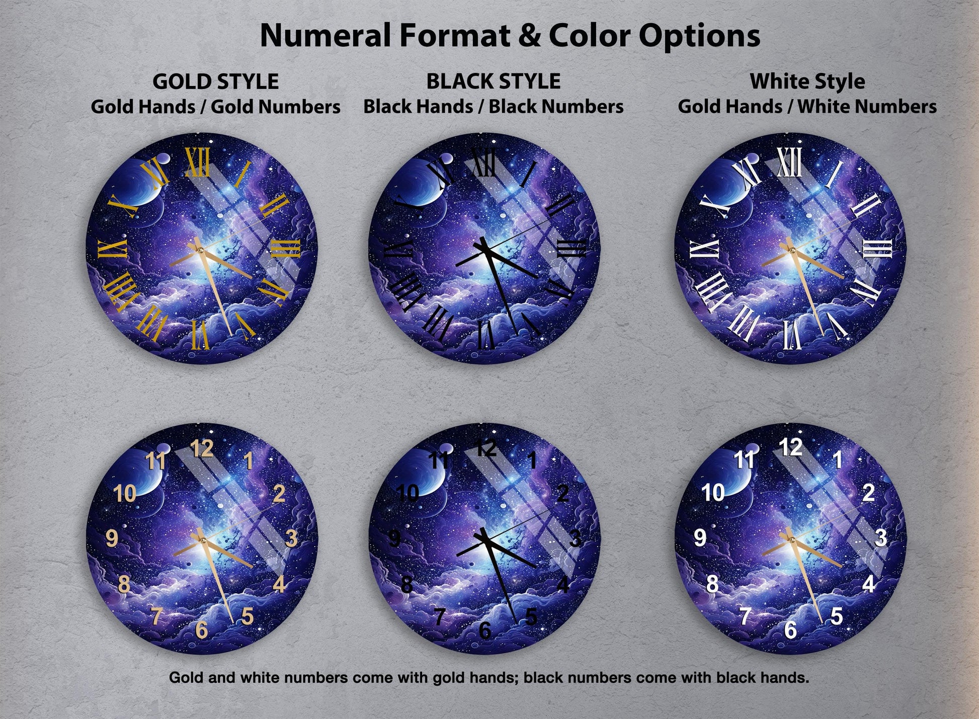 a set of four clocks with different designs on them
