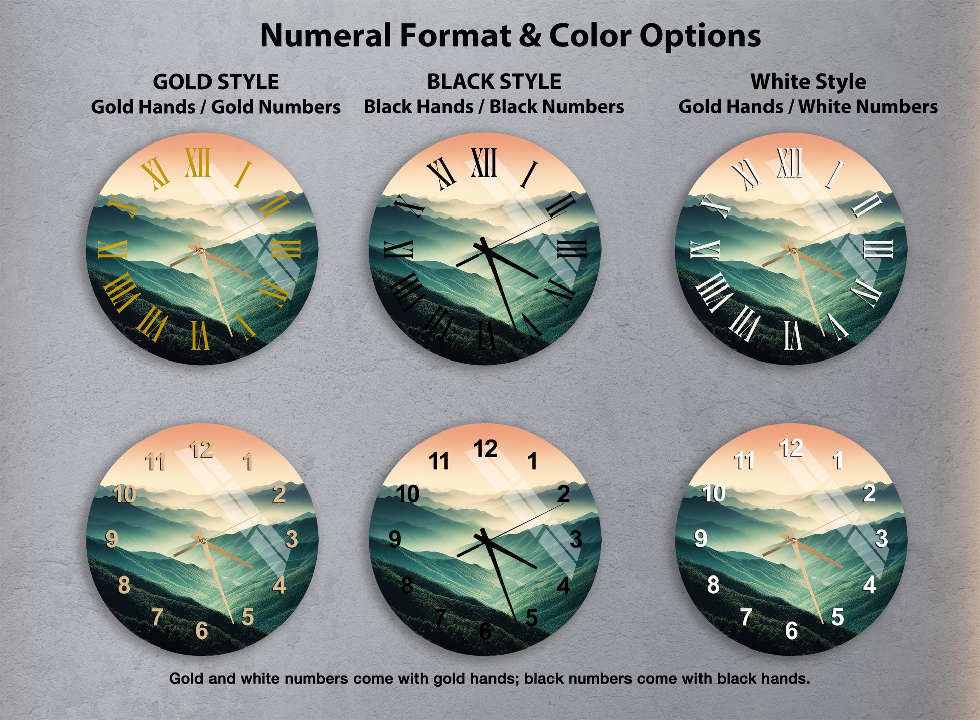 a set of four round wall clocks with different designs