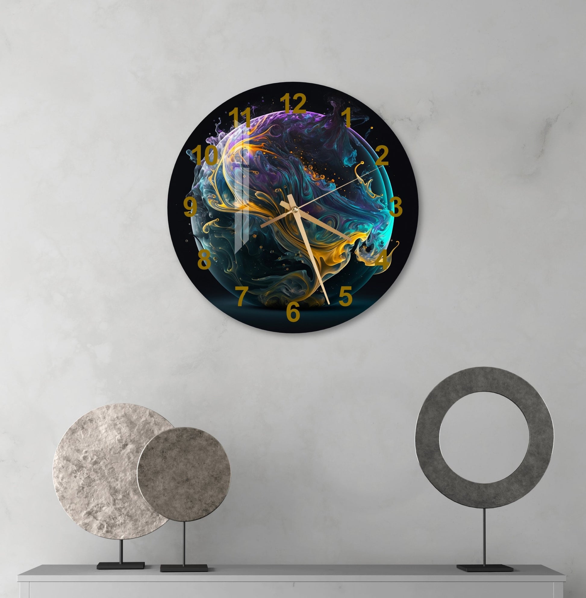 a clock on a wall next to a table