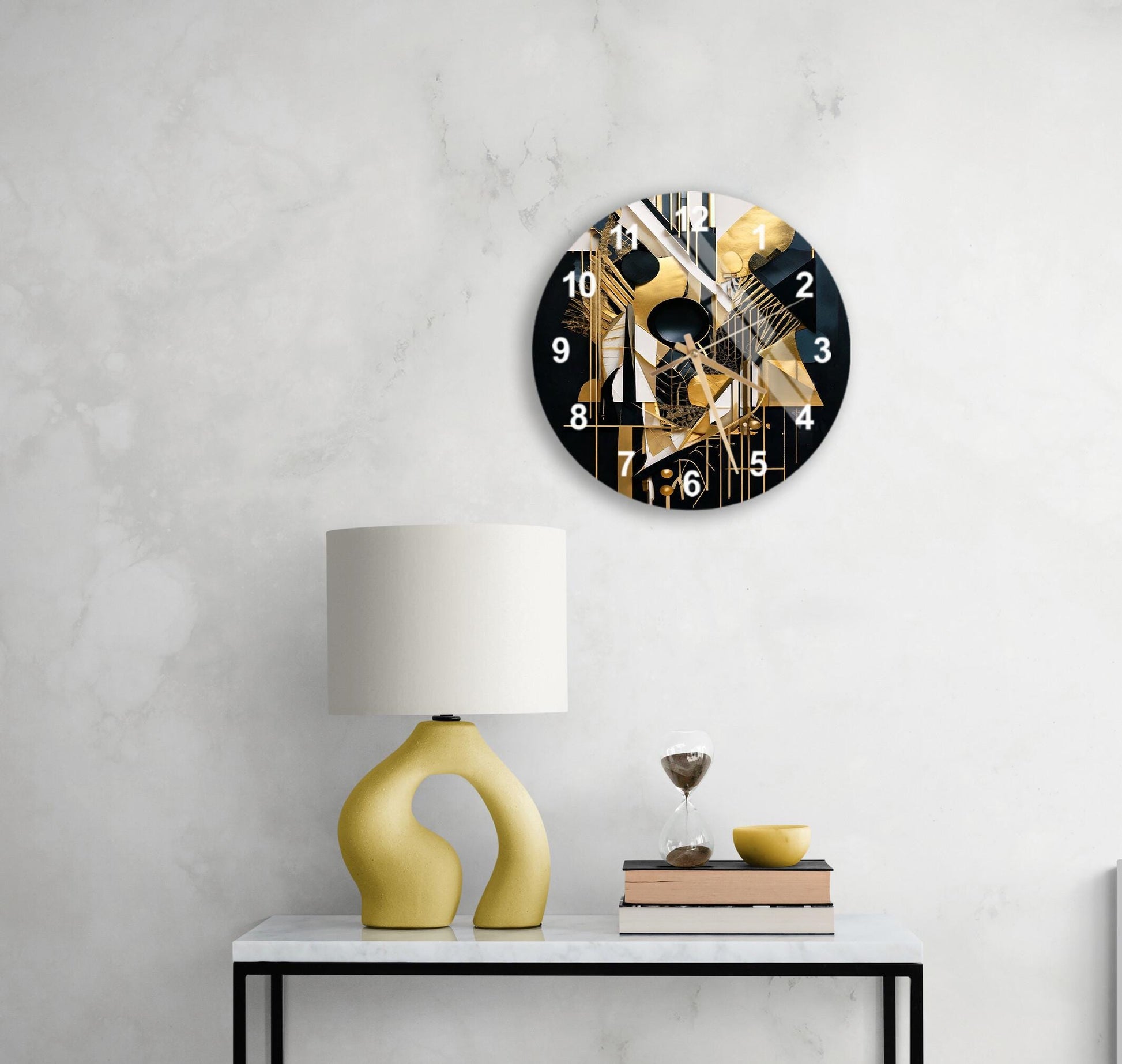 a white table with a lamp and a clock on it