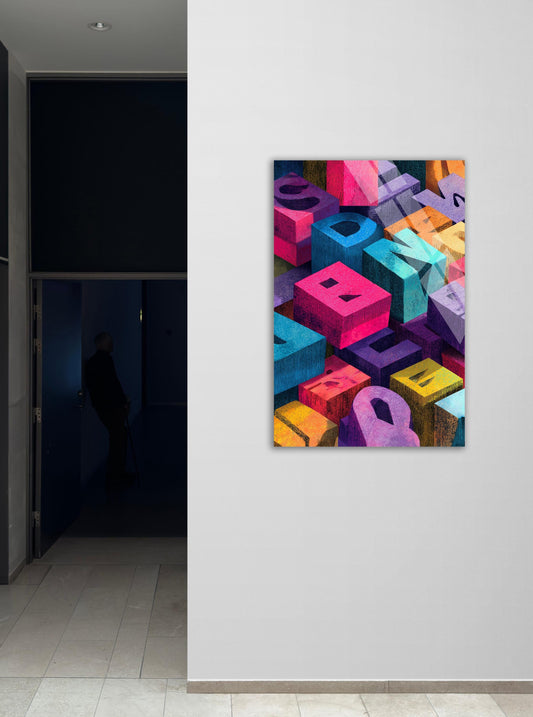 Abstract Tempered Glass Wall Art - Colorful Alphabet Blocks, Vintage Typography Print