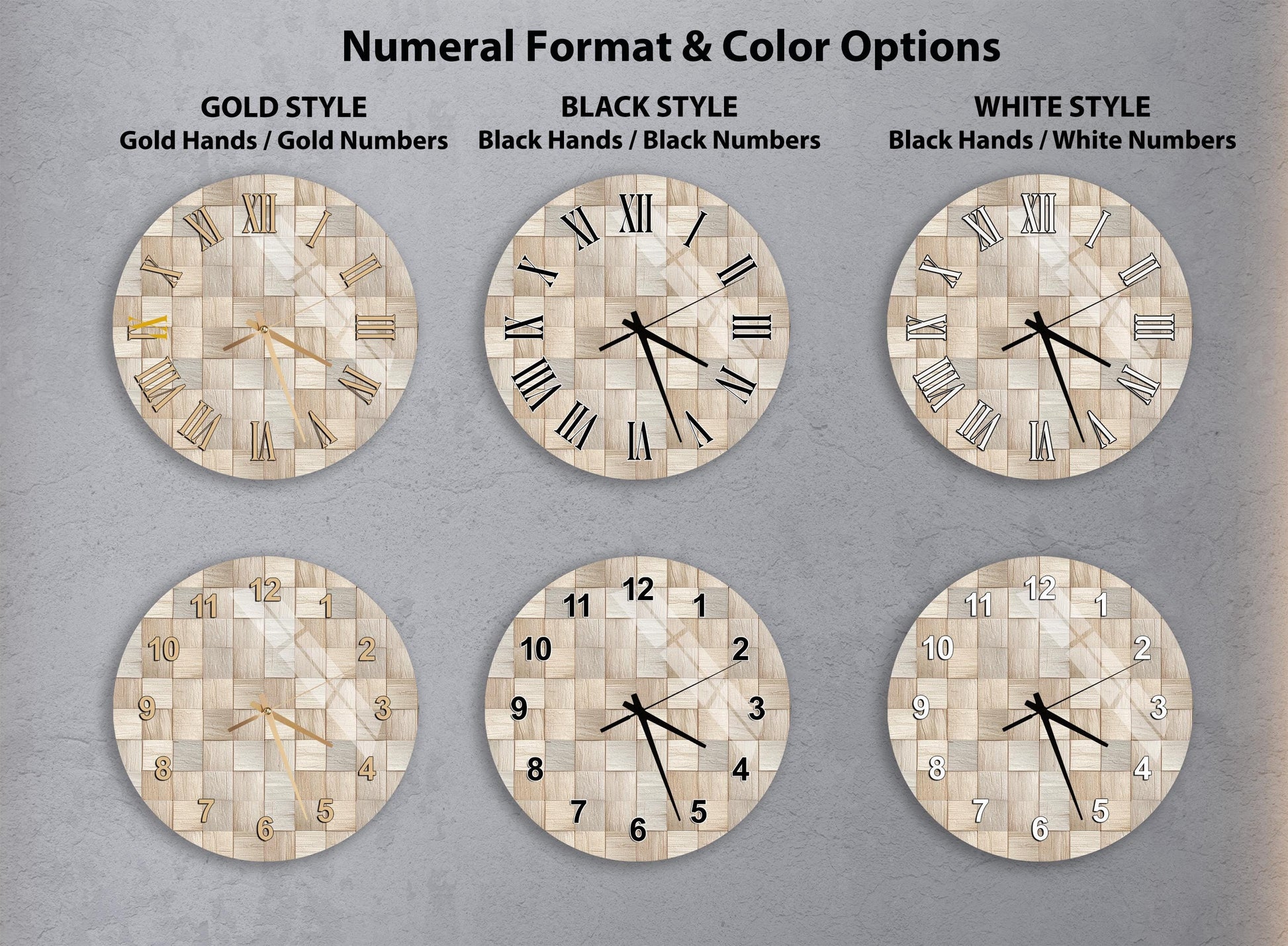 a collection of six different wall clocks, each with a unique design and color scheme. The clocks are arranged in a grid format, with two clocks in each row and two clocks in each column. The clocks feature various styles, including gold hands, gold numbers, black hands, black numbers, black hands/white numbers, and white hands/white numbers. The clocks are set against a neutral background, allowing the colors and designs to stand out.