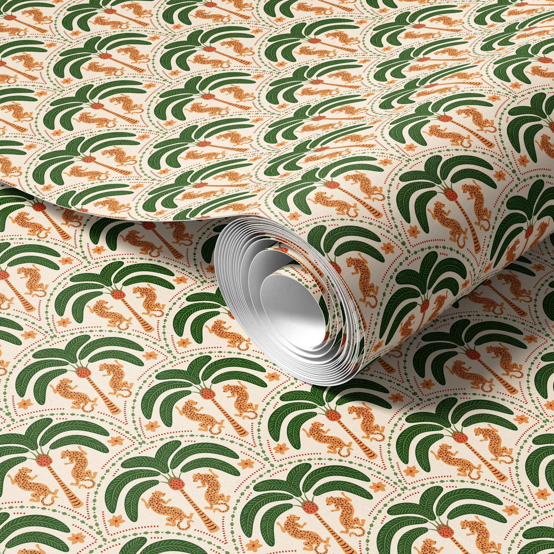 a roll of wallpaper with a repeating pattern of palm trees and leopards.