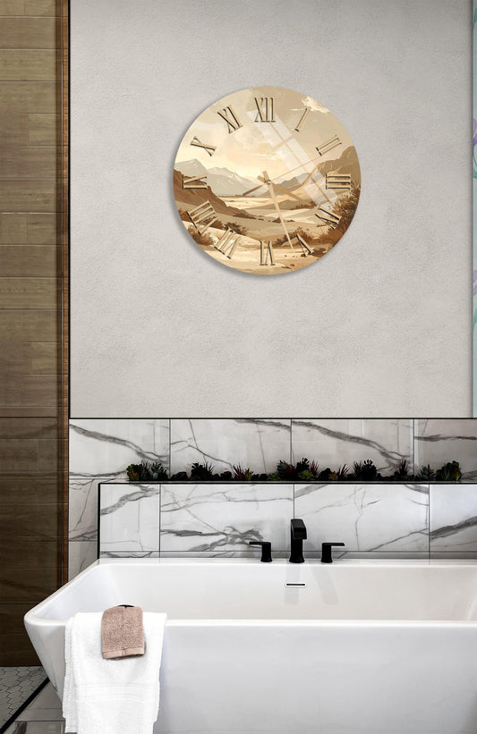 Tempered Glass Wall Clock – Beige Desert Art, Modern Silent Sweep Timepiece