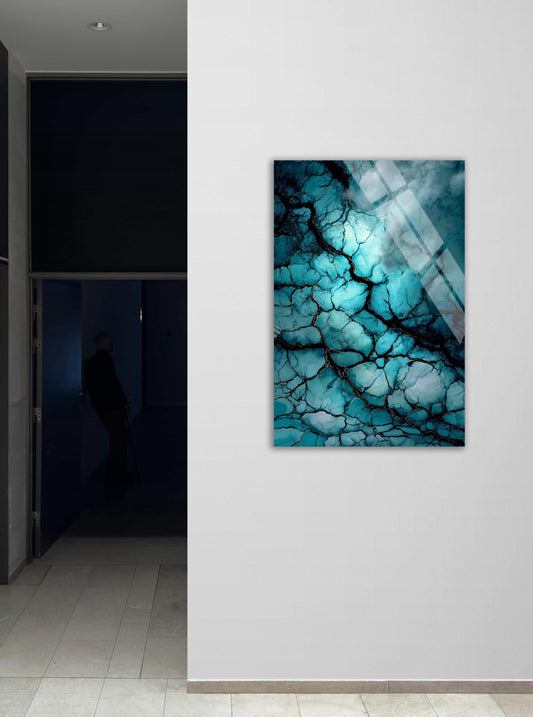Abstract Tempered Glass Wall Art – Turquoise Marble Print, Luxury Cracked Design